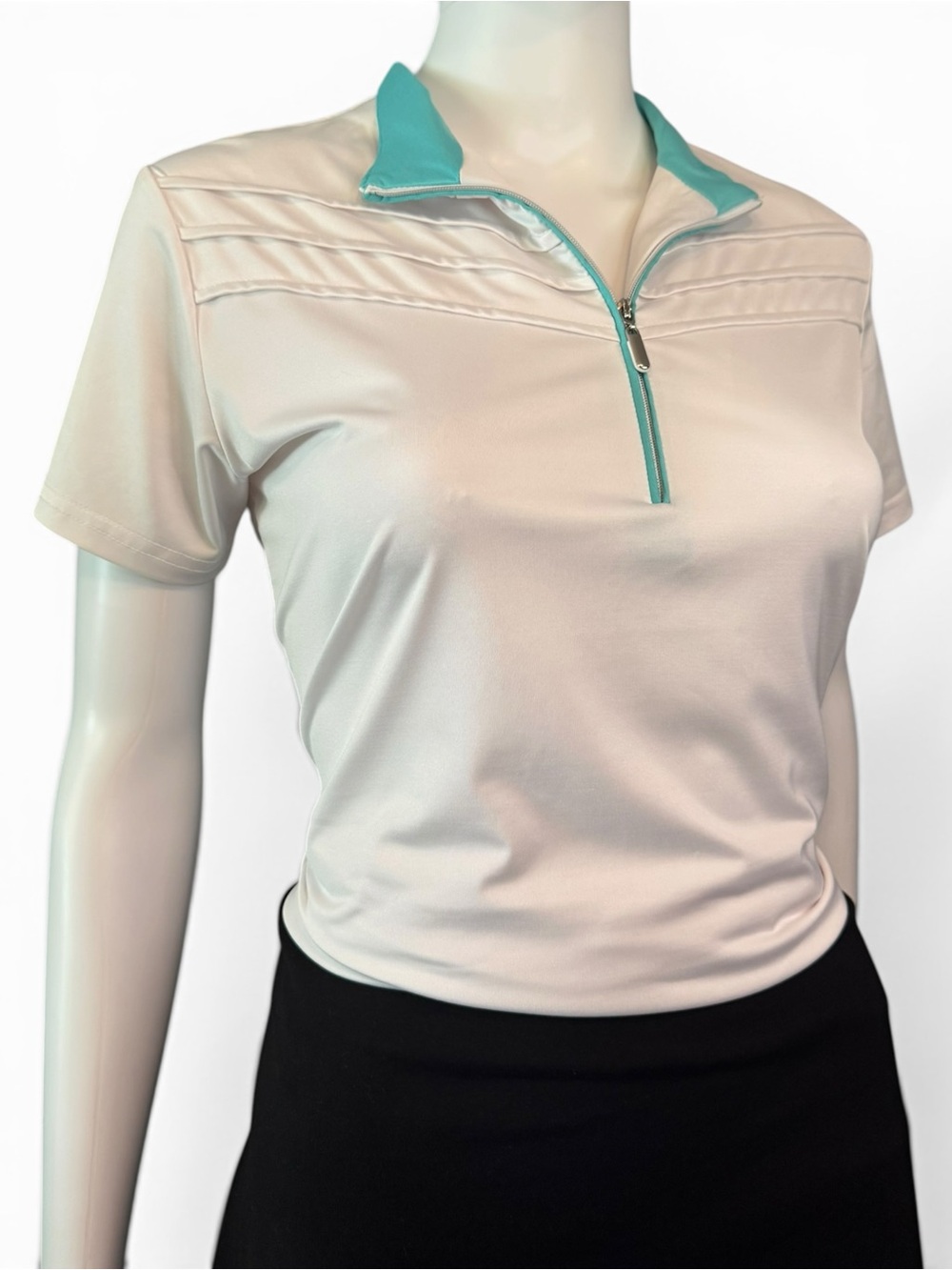 Sport Haley White Short-Sleeve Zip Polo with Aqua Trim